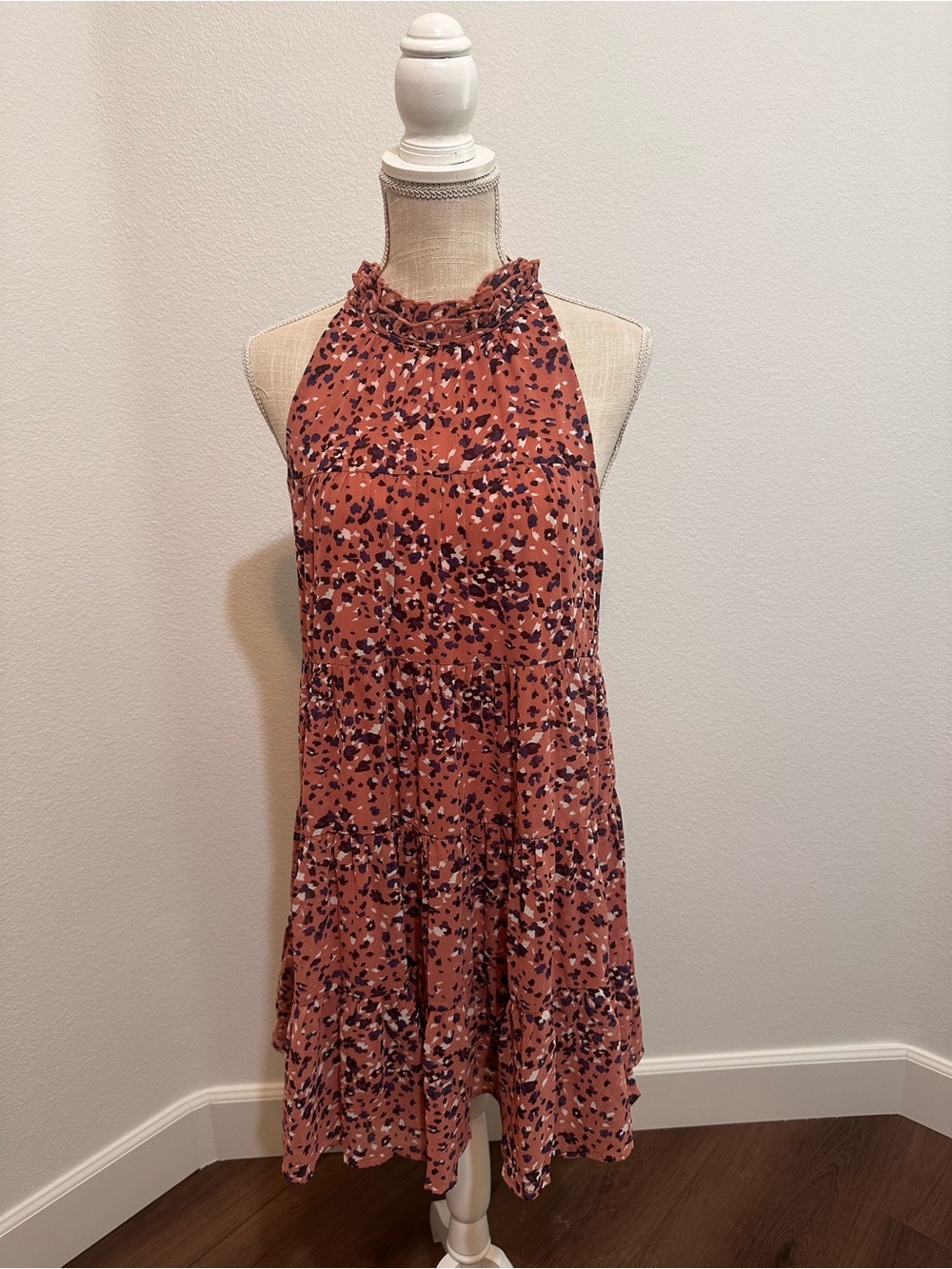 entro Pink Mauve Halter Midi Dress with Black Purple and White Spot Print